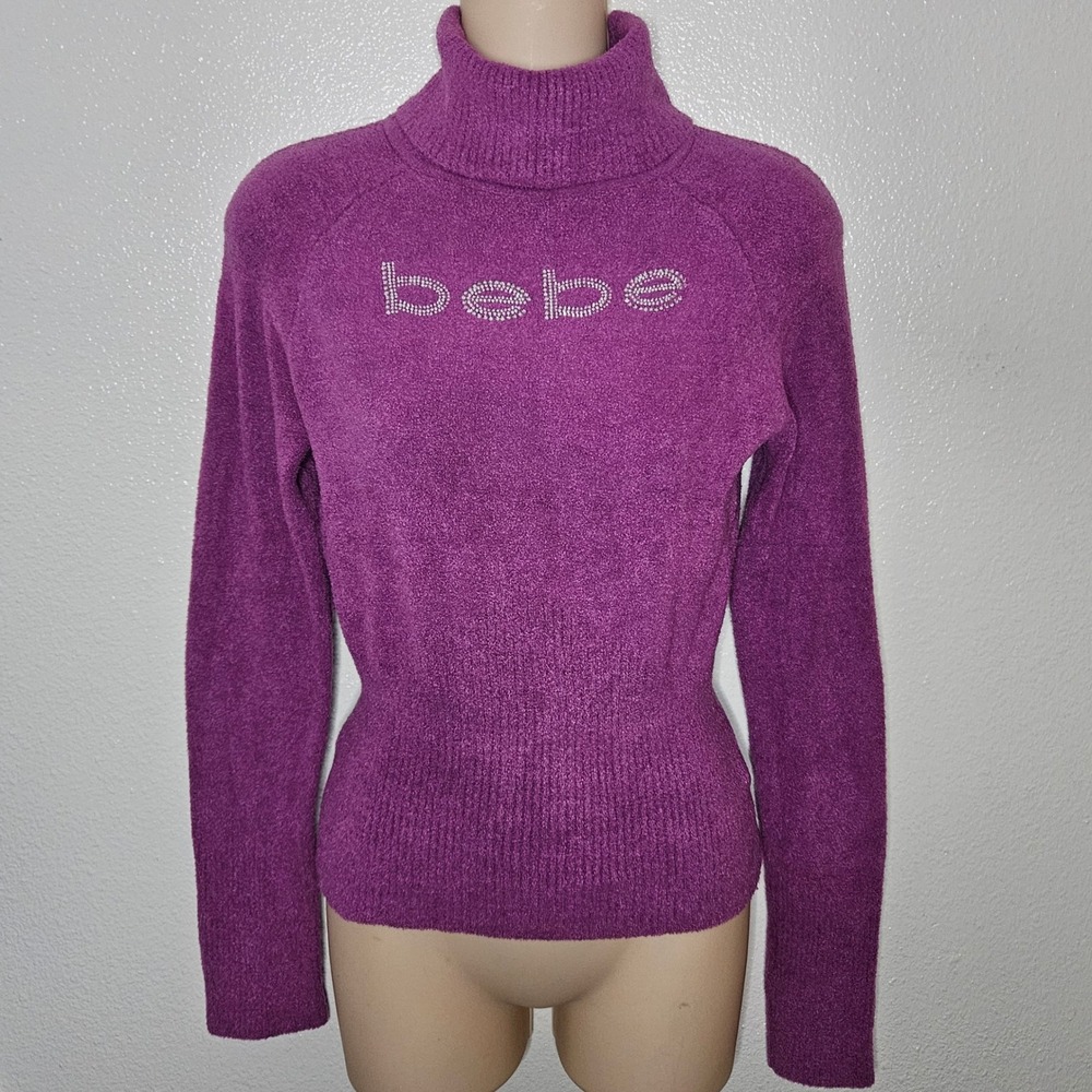 Y2k Bebe Rhinestone Turtleneck Sweater Purple Fuzzy Knit‎
